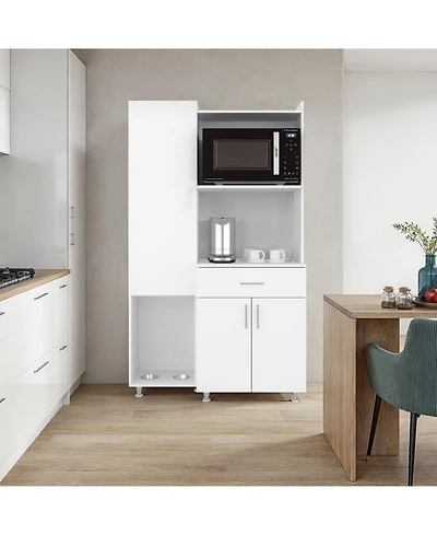 Fm Furniture Regrets Kitchen Storage Cabinet with Microwave Shelf, Drawer, and Open Compartments