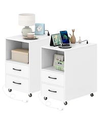 Gymax 2PCS End Table w/Built-in Charging Station Usb Ports Outlets 2 Drawers 3 Shelves