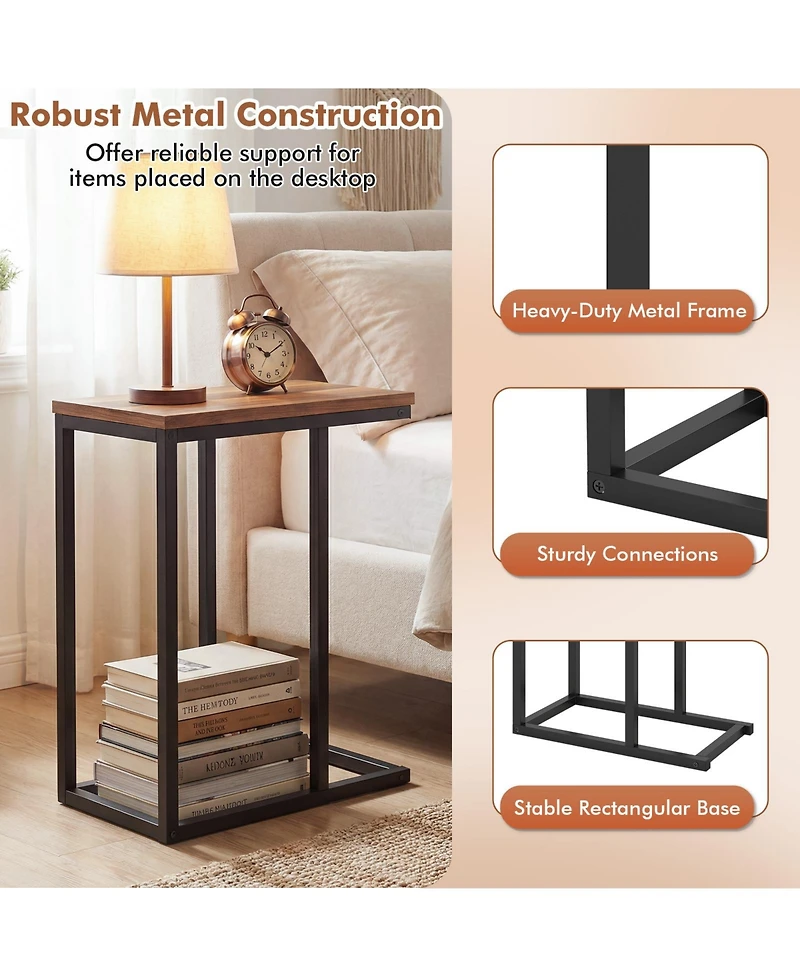 Gymax 2PCS C-shaped End Table w/Adjustable Foot Pads Small Snack for Bedroom Rustic Brown