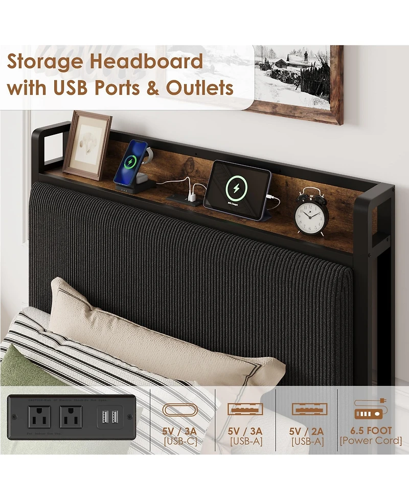 Homfan Upholstered Bed Frame with Storage Headboard, 2 Drawers and Charging Station