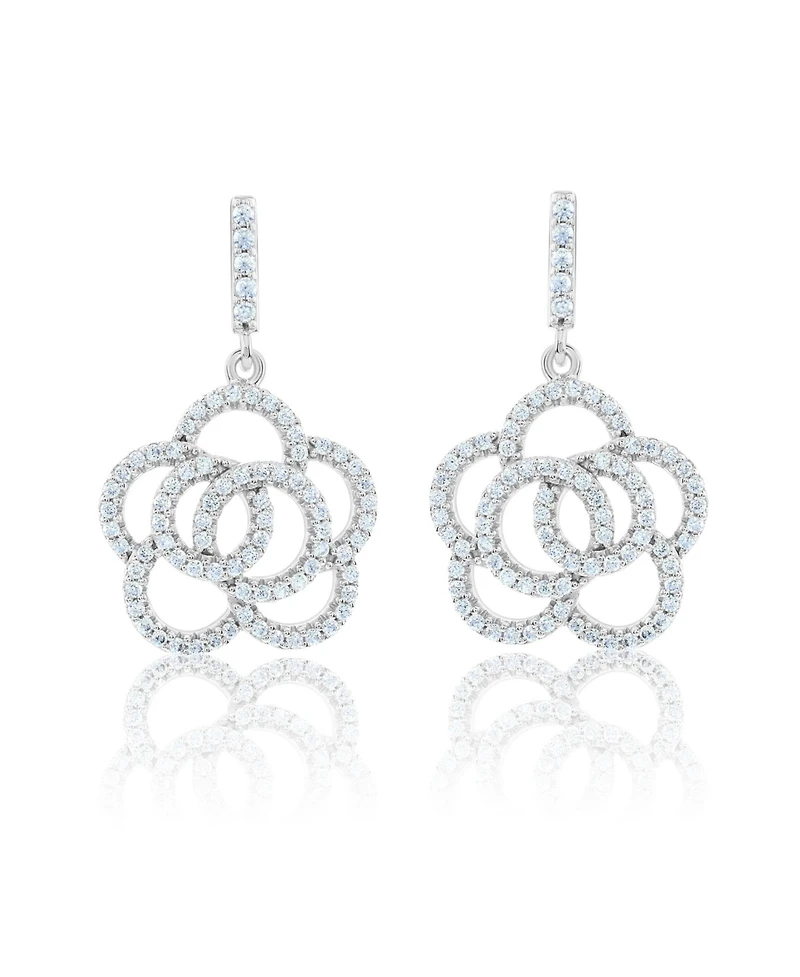Suzy Levian New York Sterling Silver Cubic Zirconia Pave Open Flower Drop Earrings