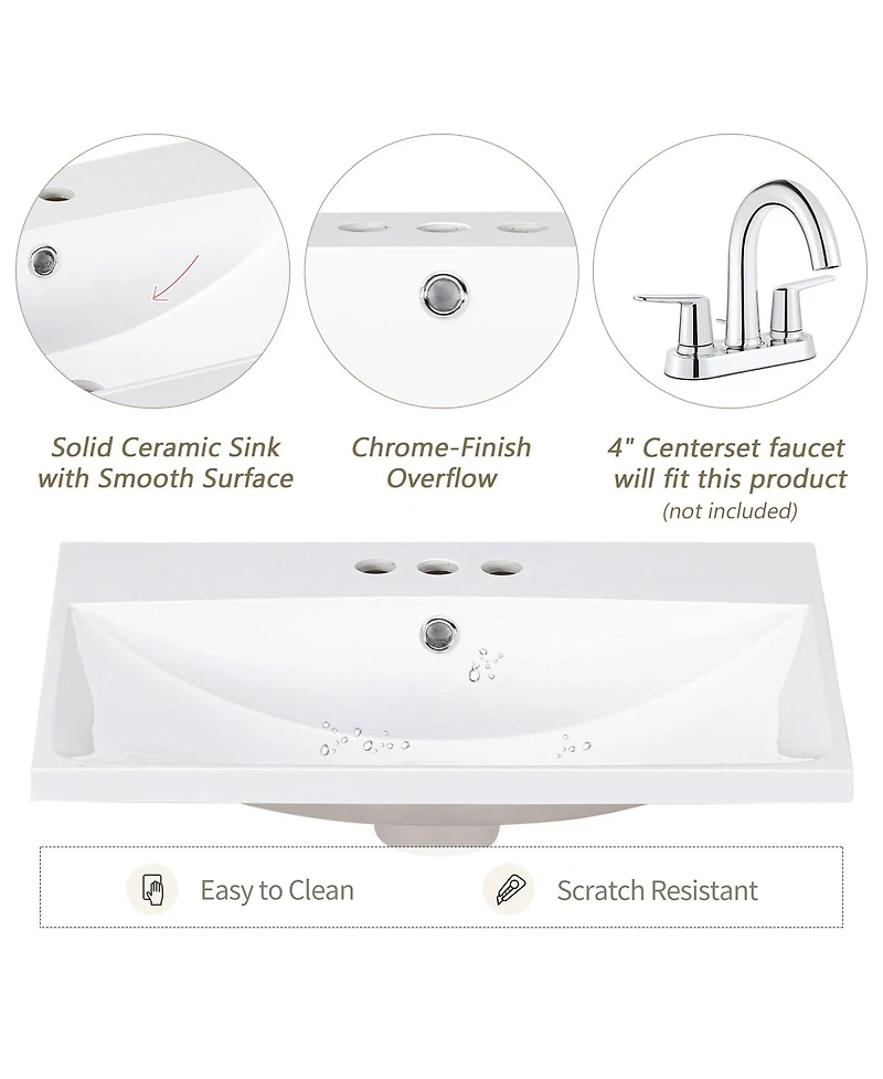 Sillysis Rectangular Ceramic Vanity Top with Sink, 3 Faucet Holes, Easy Maintenance