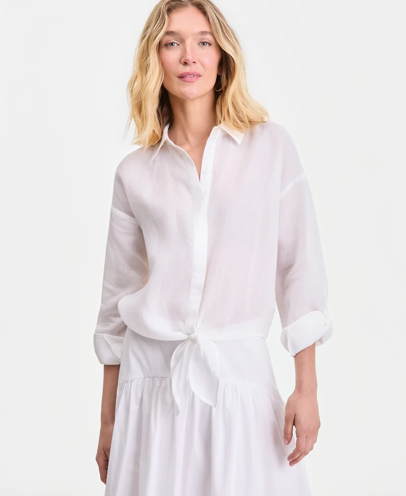 I.n.c. International Concepts Women's Ramie Button-Front Tie-Hem Shirt, Macy's Exclusive