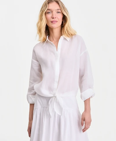 I.n.c. International Concepts Women's Ramie Button-Front Tie-Hem Shirt, Macy's Exclusive