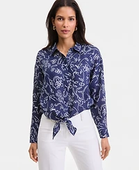 I.n.c. International Concepts Women's Printed Ramie Button-Front Tie-Hem Shirt, Macy's Exclusive