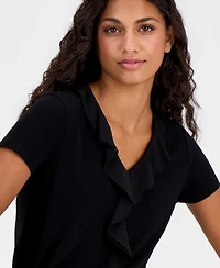 Anne Klein Essentials Petite Ruffle-Trim V-Neck Top