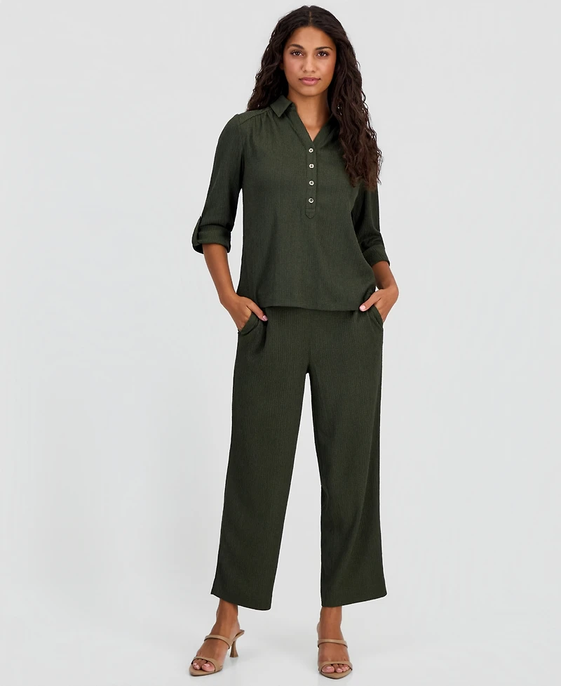 Anne Klein Essentials Petite Collared Roll-Tab-Sleeve Shirt