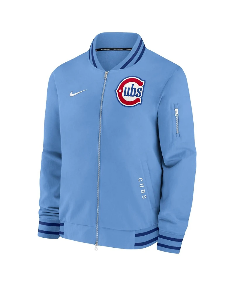 Nike Men's Light Blue Chicago Cubs Authentic Collection Dugout Relaxed Full-Zip Bomber Jacket