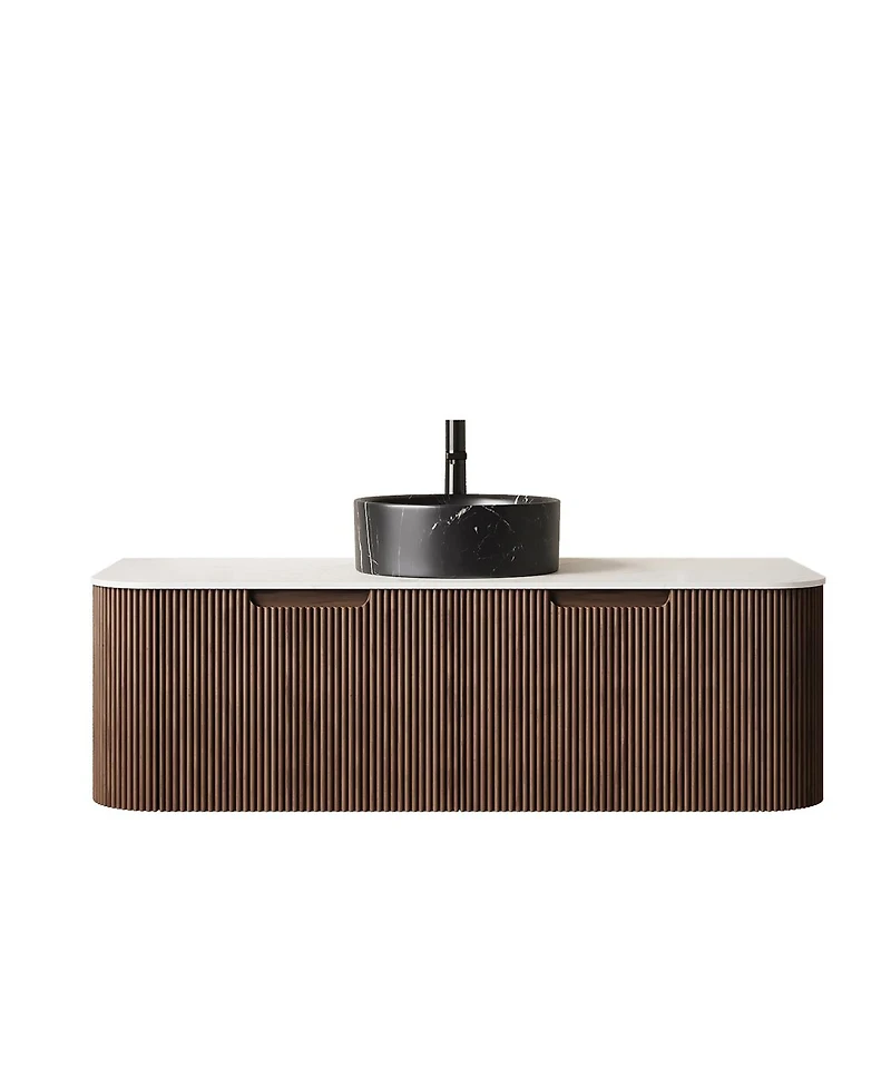 Sillysis Wall Mounted Bathroom Vanity, Ceramic Vessel Sink, Carrara Sintered Stone Top, Soft Close Drawer, Pre-assembled