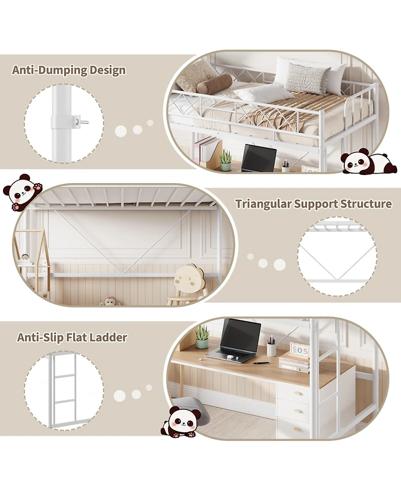 Homfan Metal Loft Bed Frame with Guardrail, Flat Ladder Rungs and Underbed Space, Box Spring Not Required