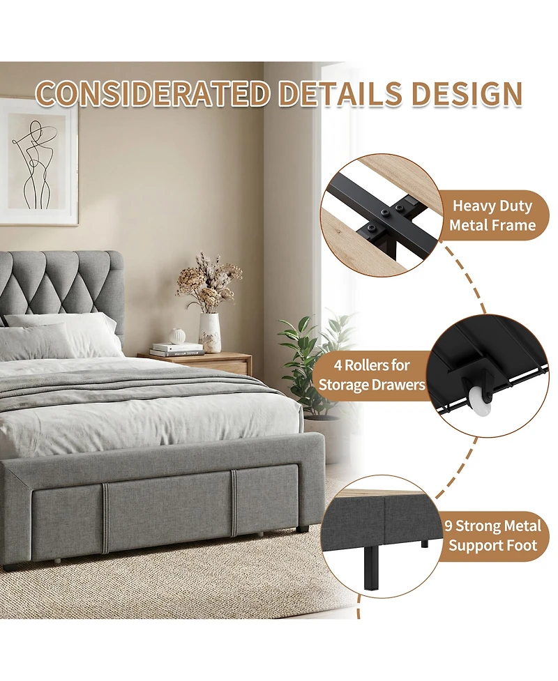 Homfan Upholstered Bed Frame with 2 Storage Drawers and Wood Slats
