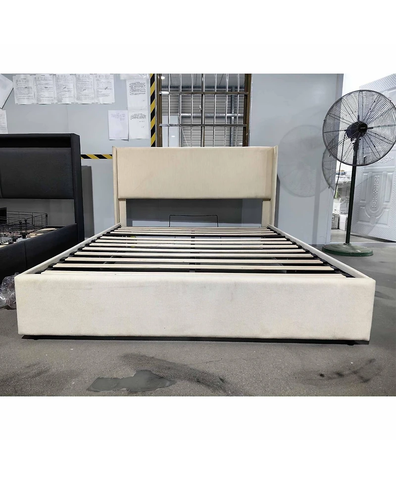 Homfan Lift Up Storage Bed, Modern Corduroy Upholstered Platform Bed Frame with Wingback Headboard, Gas Lift Hydraulic Storage