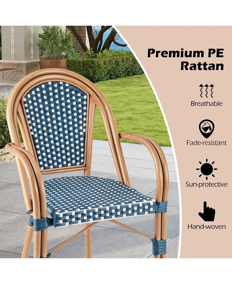 Sugift Hand-Woven Pe Wicker French Bistro Chair Set of 2 with Metal Frame