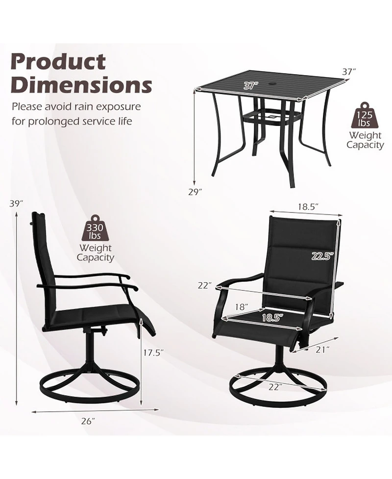 Gouun 5-Piece Outdoor Dining Set with 4 Swivel Rocking Chairs and Inch Square Table