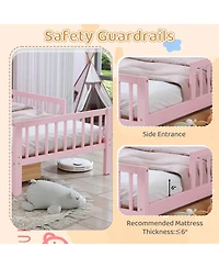 Rainsken Kids Twin Bed Frame, Wooden Platform with Headboard Storage Rack, 2 Under-Bed Drawers and 3-Side Guardrails for Bedroom