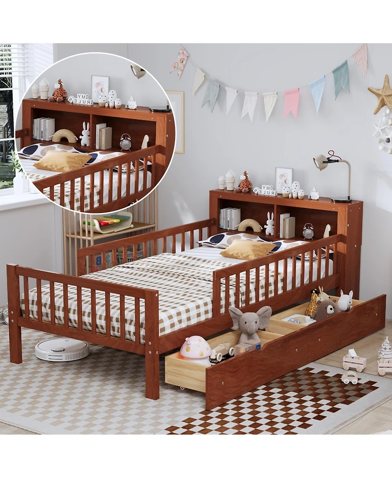 Rainsken Kids Twin Bed Frame, Wooden Platform with Headboard Storage Rack, 2 Under-Bed Drawers and 3-Side Guardrails for Bedroom