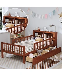 Rainsken Kids Twin Bed Frame, Wooden Platform with Headboard Storage Rack, 2 Under-Bed Drawers and 3-Side Guardrails for Bedroom