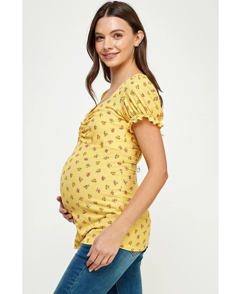 Hello Miz Maternity Ribbed Floral Ruched Front Puff Sleeve Top