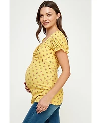 Hello Miz Maternity Ribbed Floral Ruched Front Puff Sleeve Top
