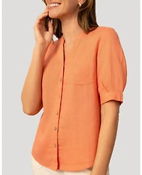 Cable & Gauge Women's and Linen Blend Button Front Top