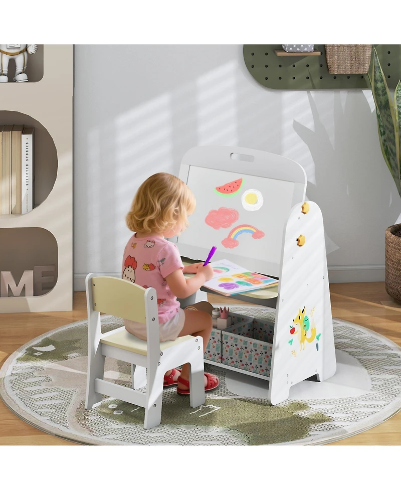 Sugift 4-in-1 Kids Table and Chair Set Art Easel with Magnetic Whiteboard and Bookshelf
