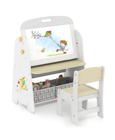 Sugift 4-in-1 Kids Table and Chair Set Art Easel with Magnetic Whiteboard and Bookshelf