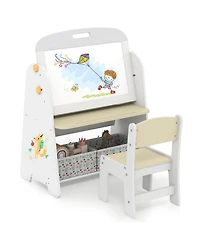 Sugift 4-in-1 Kids Table and Chair Set Art Easel with Magnetic Whiteboard and Bookshelf