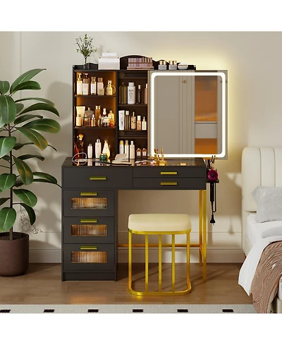 Vlsrka Led Vanity Desk Set with Rgb Mirror, Charging Station & Chair