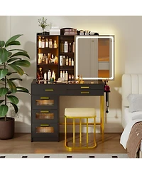 Vlsrka Led Vanity Desk Set with Rgb Mirror, Charging Station & Chair