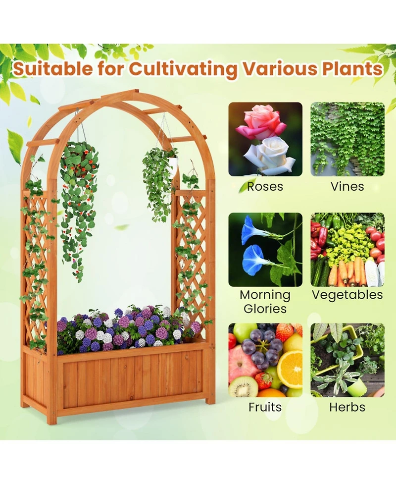Gouun Raised Planter Box with Lattice Trellis and Arched Roof