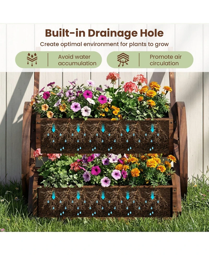 Gouun Rustic Carbonized Wood Wagon Planter with 2-Tier Design