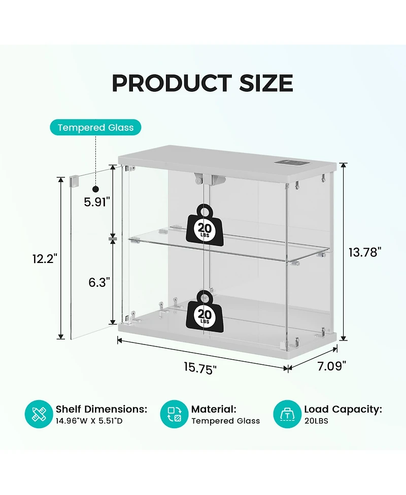 Vlsrka Led Lighted 2-Tier Glass Display Case with Charging Station and Motion Sensor, Desktop Storage Organizer for Figures, Models Perfume