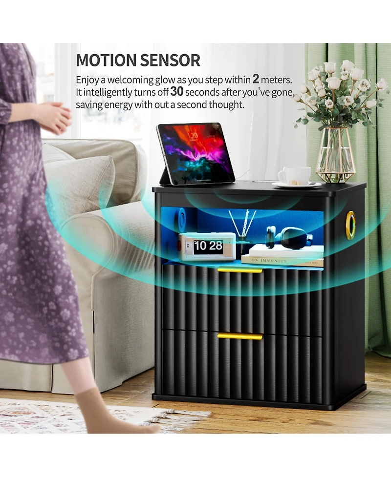 Vlrska 19.7-Inch Wide Nightstand with Bluetooth Speakers, Motion Sensor, Led Lights, and Wireless Charging Station