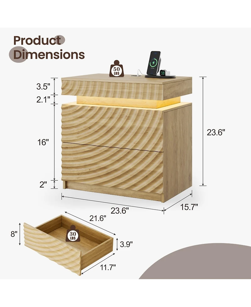 Vlrska 23.6-Inch Wide 2-Drawer Nightstand with Hidden Storage and Human Sensor Light