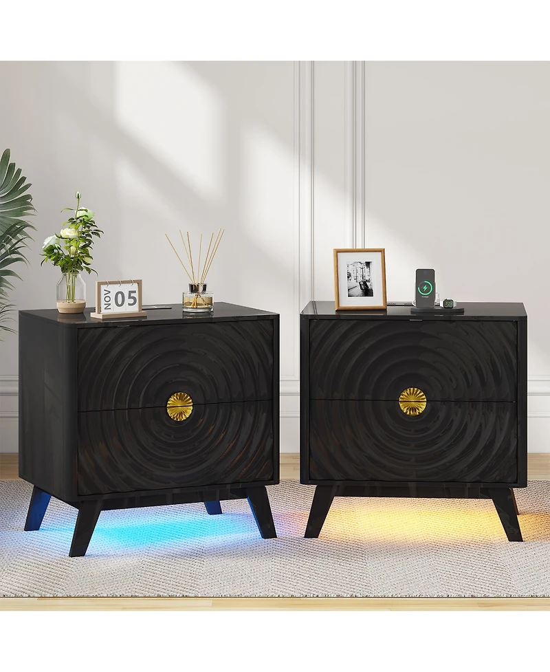 Vlrska 23.6-Inch Wide 2-Drawer Nightstand with Built-in Outlets and Human Sensor Light