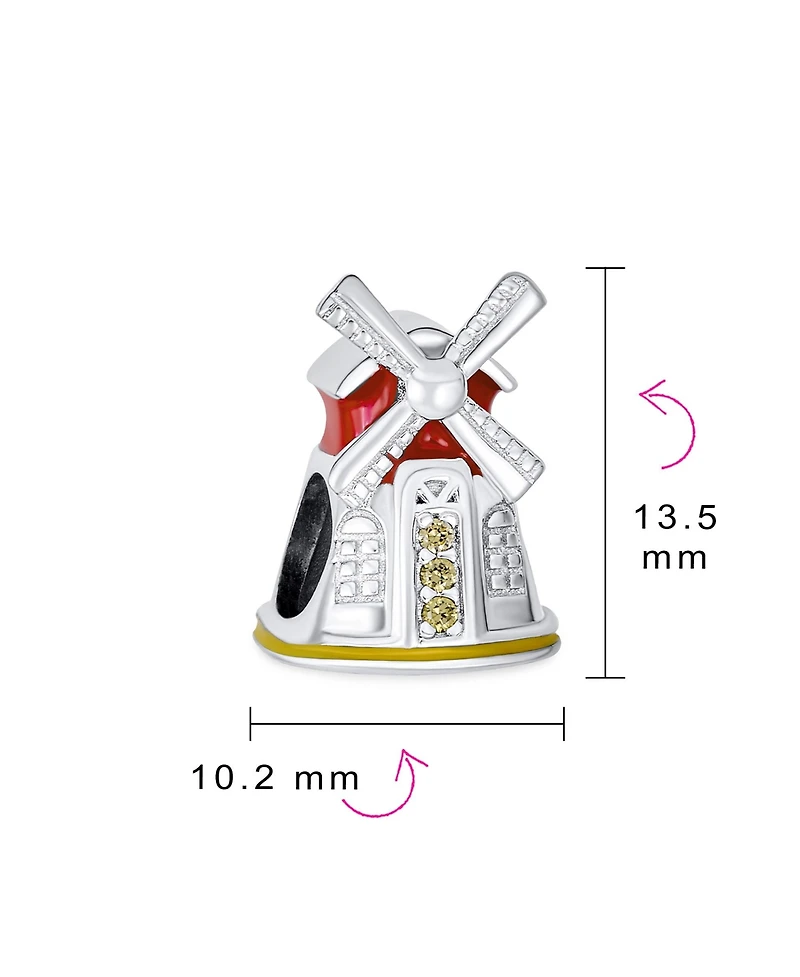 Bling Jewelry Travel Landmark Dutch Windmill Enamel Charm Bead .925 Sterling Silver for Bracelet