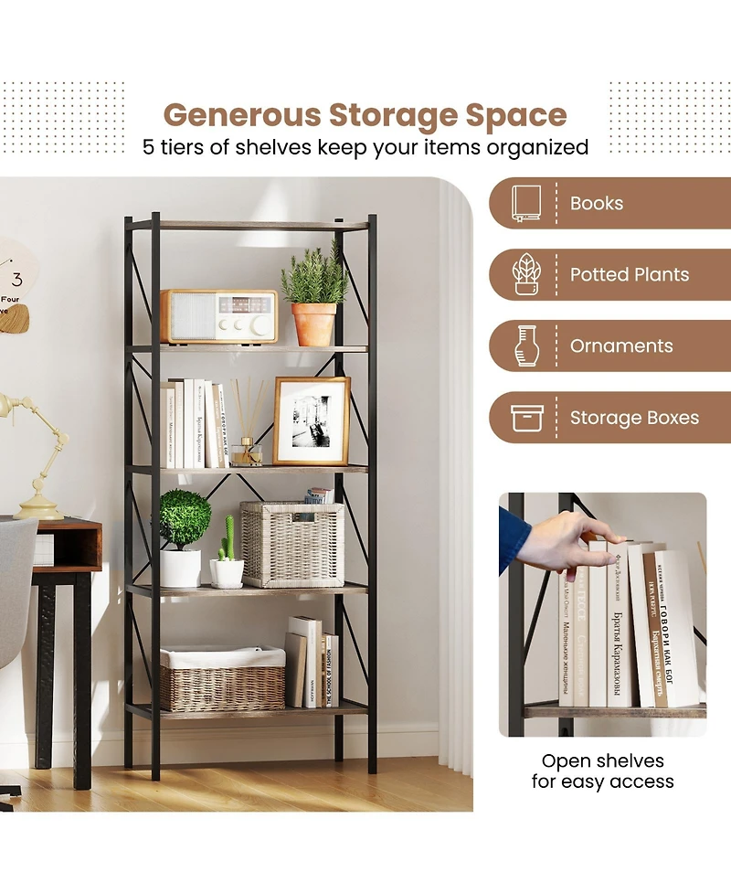 Sugift 5-Tier Bookshelf with Open Shelves and Heavy Duty Metal Frame