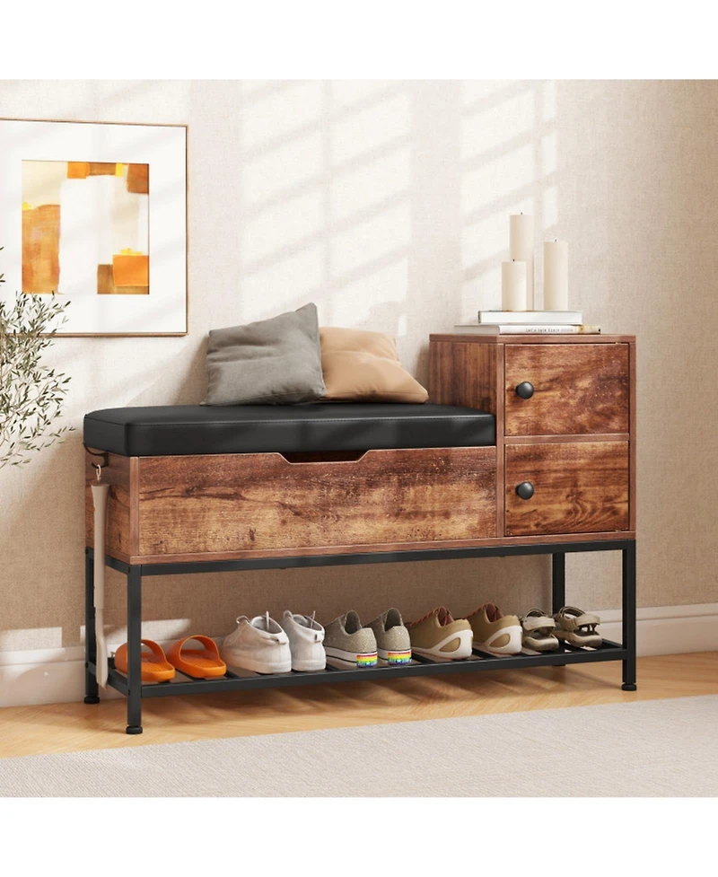 Gouun Wood Entryway Storage Bench with Flip-Top Compartment and Cabinets