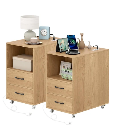 Gymax 2PCS End Table w/Built-in Charging Station Usb Ports Outlets 2 Drawers 3 Shelves