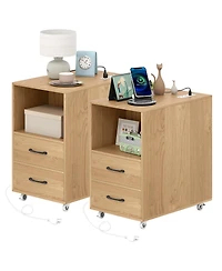 Gymax 2PCS End Table w/Built-in Charging Station Usb Ports Outlets 2 Drawers 3 Shelves