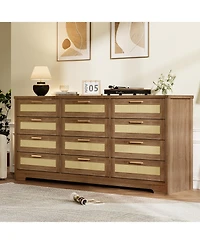 gaomon Bedroom 12-Drawer Dresser, Rattan Wood Chest with Wide Storage Drawers and Tabletop.