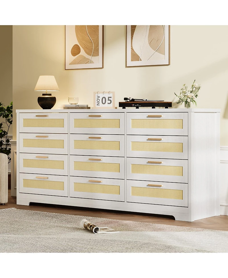 gaomon Bedroom 12-Drawer Dresser, Rattan Wood Chest with Wide Storage Drawers and Tabletop.