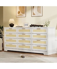 gaomon Bedroom 12-Drawer Dresser, Rattan Wood Chest with Wide Storage Drawers and Tabletop.