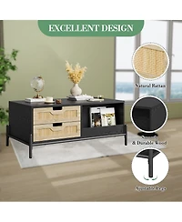 Homfan Coffee Table for Living Room, Modern Rattan Table with 4 Drawers and 2 Compartments, Wooden Table with Led Lights, Rectangle Table for Office