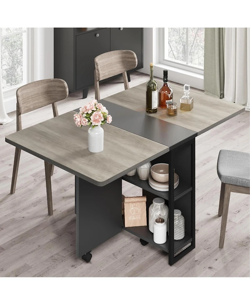 gaomon Expandable Farmhouse Dining Table with Storage and 6 Wheels, Space-Saving Drop-Leaf Design for 4 People