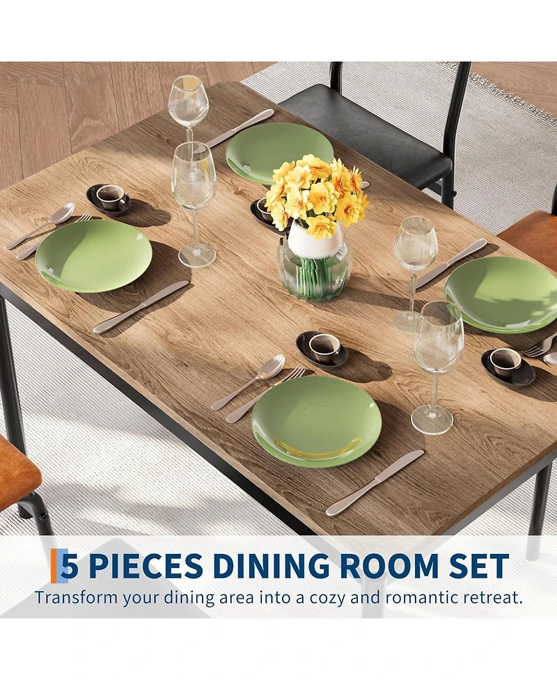 gaomon 5-Piece Industrial Dining Set, Wooden Table and 4 Pu Upholstered Chairs, Metal Frame for Kitchen and Apartment