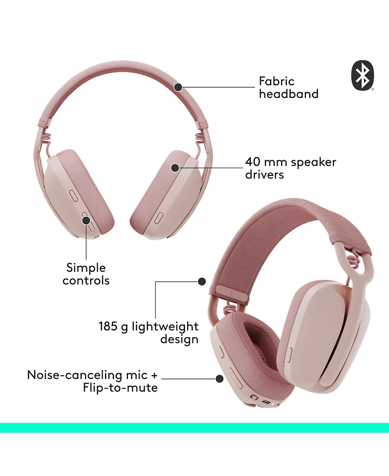 Logitech Zone Vibe 100 Lightweight, Wireless, Noise Canceling Headphones (Rose)