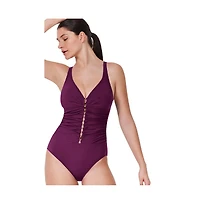 Profile by Gottex Women's Tutti Frutti Fashion D-Cup V-Neck Gold Beaded One Piece