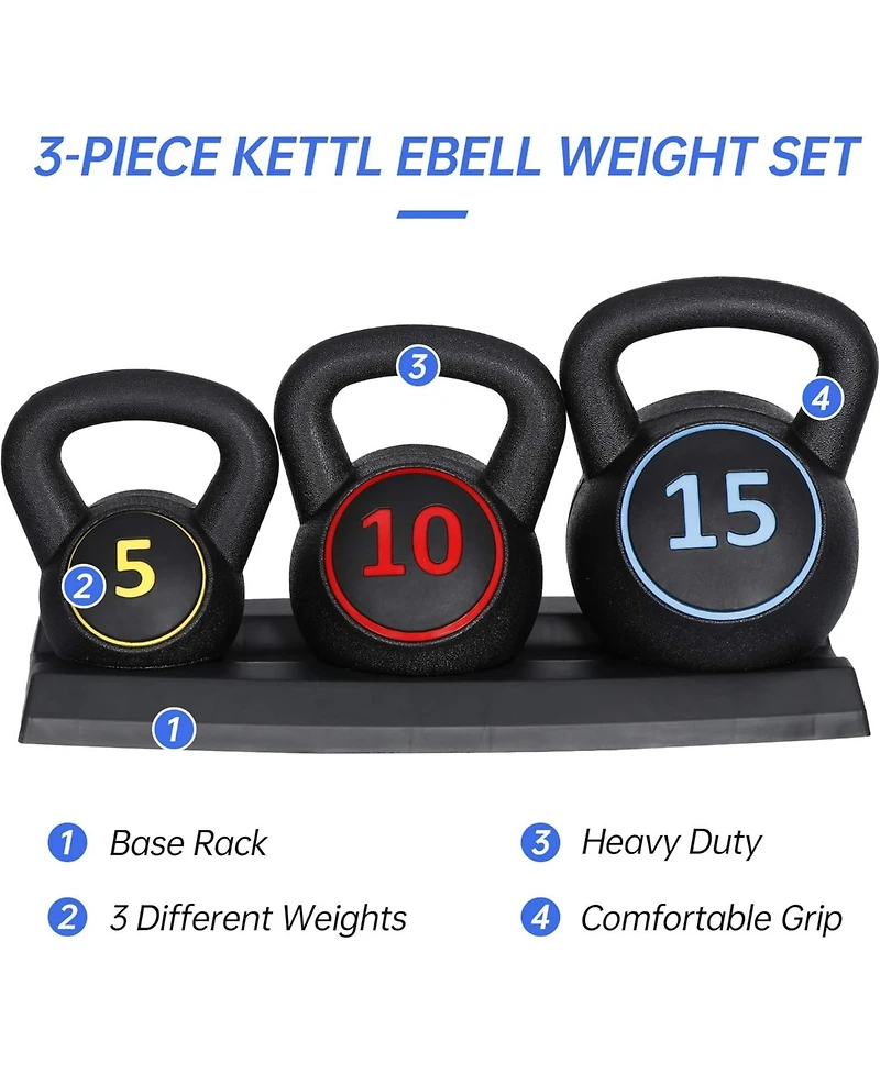 Zeny 3-Piece Kettlebell Set with Storage Rack Heavy Duty Concrete 5 lb 10 lb 15 lb Kettle Bells for Weightlifting