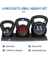 Zeny 3-Piece Kettlebell Set with Storage Rack Heavy Duty Concrete 5 lb 10 lb 15 lb Kettle Bells for Weightlifting